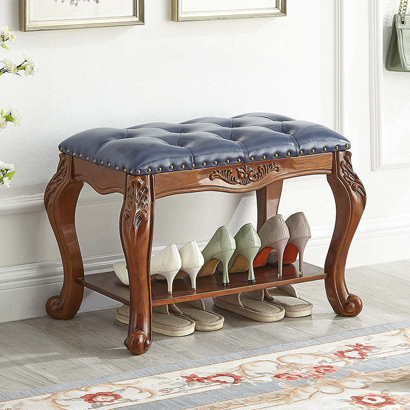 Vintage Carved Leather Solid Wood Shoe Bench Low Stool