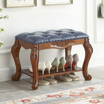 Vintage Carved Leather Solid Wood Shoe Bench Low Stool