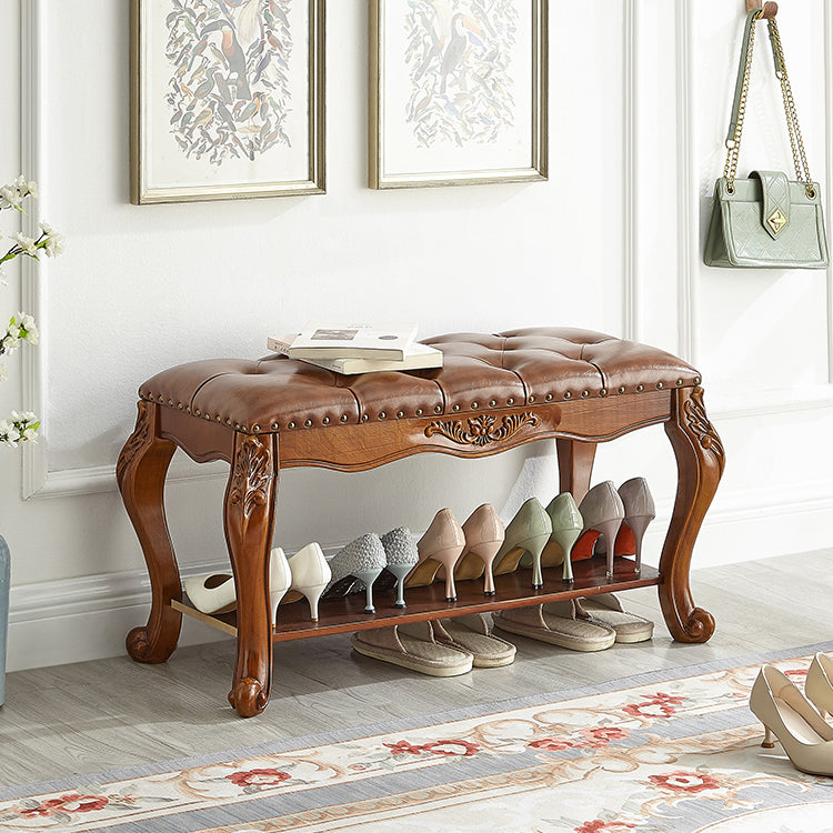 Vintage Carved Leather Solid Wood Shoe Bench Low Stool — Brown + Blue Seating Material