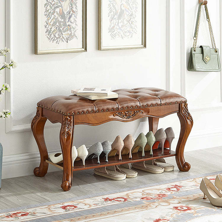 Vintage Carved Leather Solid Wood Shoe Bench Low Stool — Brown + Blue Seating Material