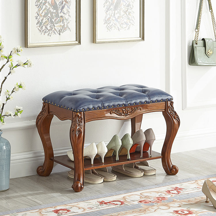 Vintage Carved Leather Solid Wood Shoe Bench Low Stool — White + White Seating Material