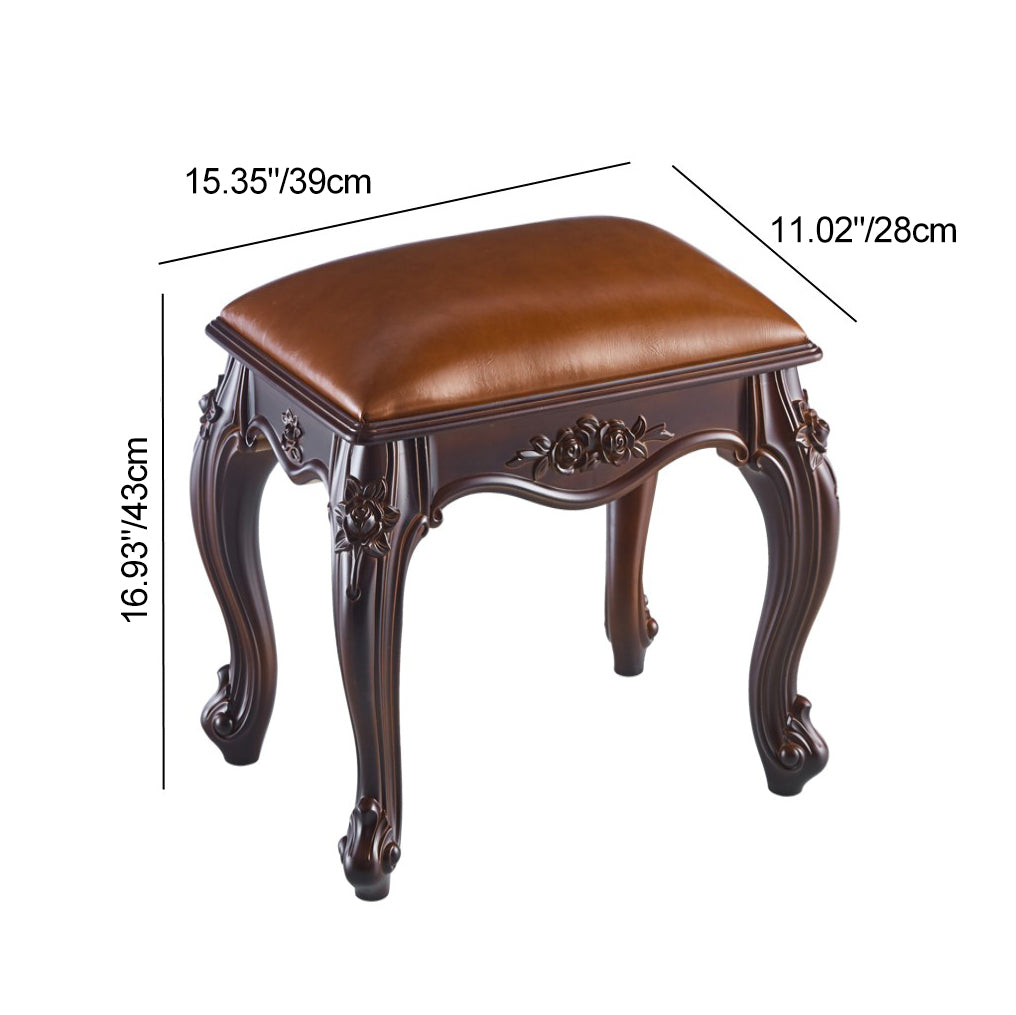 Vintage Carved Leather Velvet Wood Low Stool — Saffron
