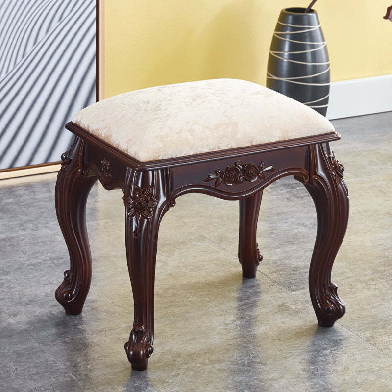 Vintage Carved Leather Velvet Wood Low Stool
