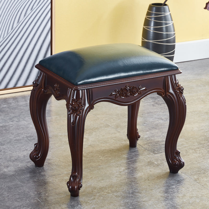 Vintage Carved Leather Velvet Wood Low Stool