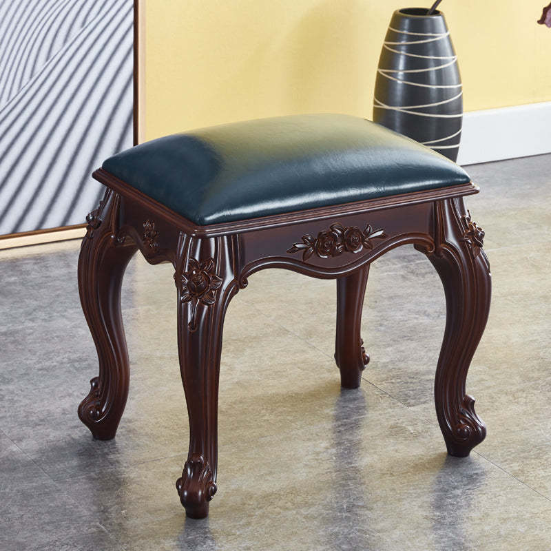Vintage Carved Leather Velvet Wood Low Stool