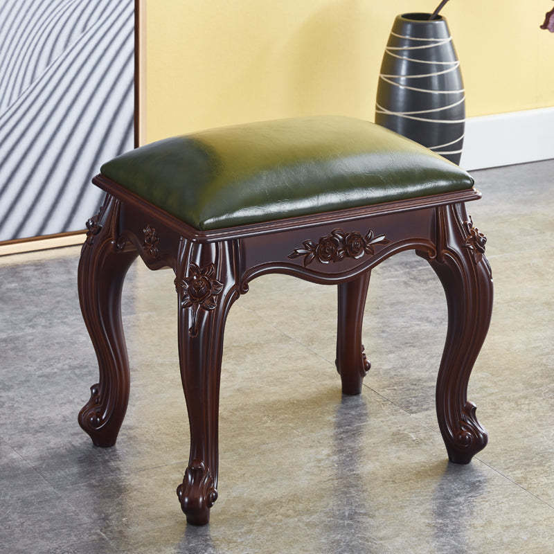 Vintage Carved Leather Velvet Wood Low Stool — Green