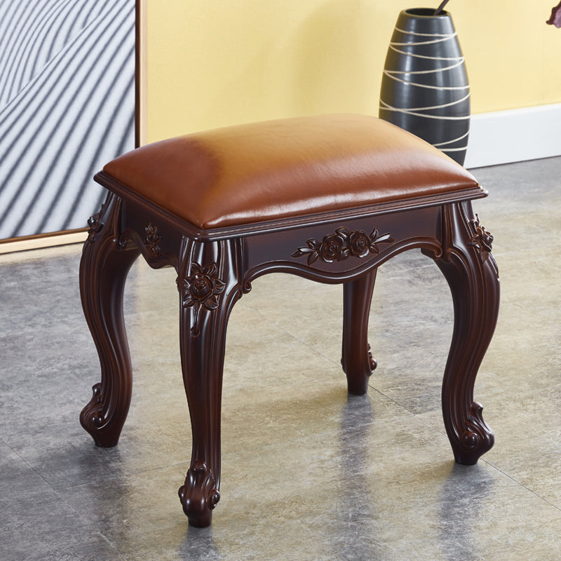 Vintage Carved Leather Velvet Wood Low Stool — Blue