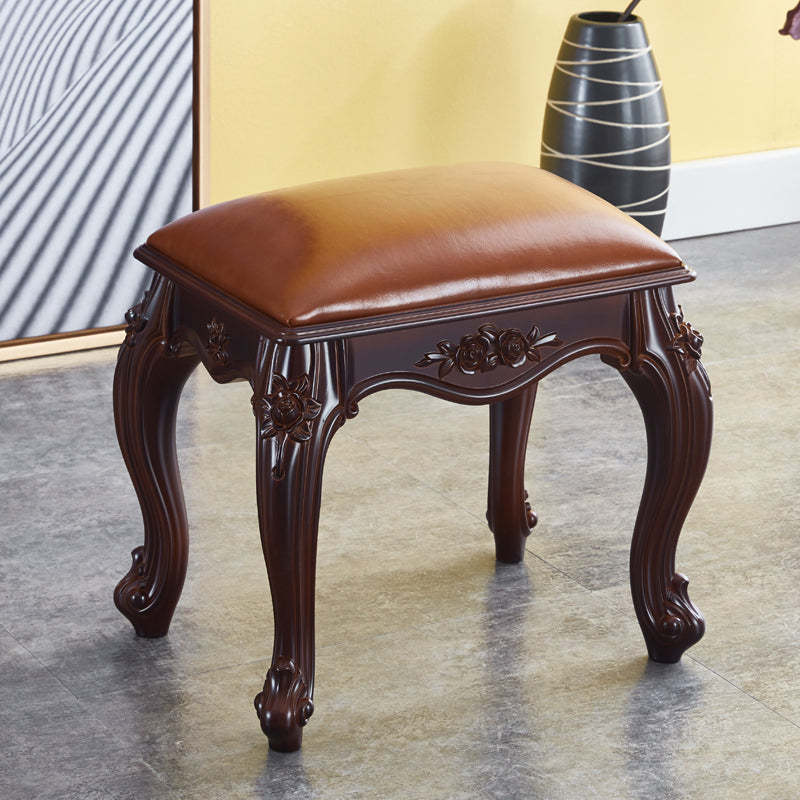 Vintage Carved Leather Velvet Wood Low Stool — Blue