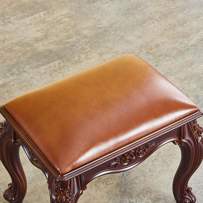Vintage Carved Leather Velvet Wood Low Stool — Beige