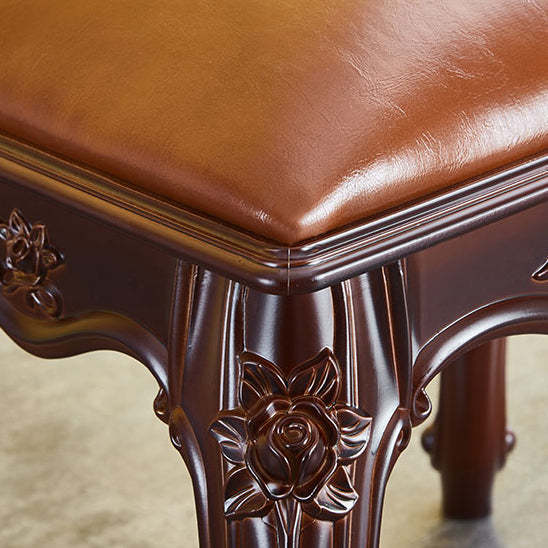 Vintage Carved Leather Velvet Wood Low Stool