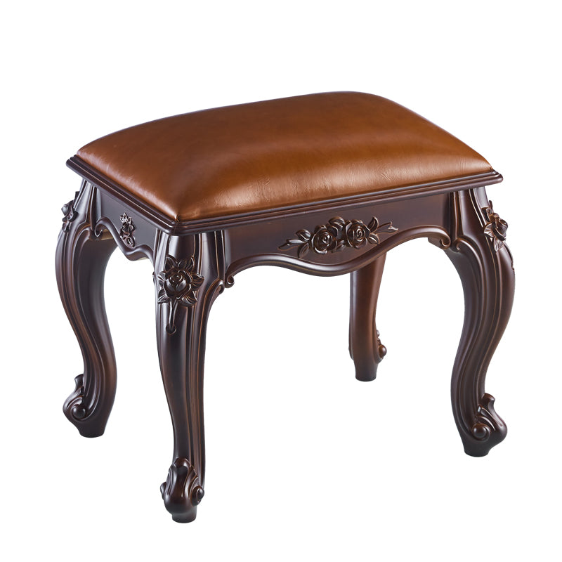 Vintage Carved Leather Velvet Wood Low Stool