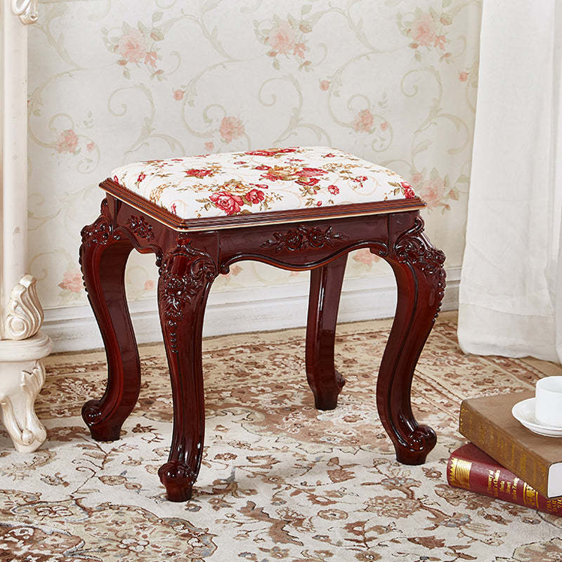 Vintage Carved Leather Velvet Wood Low Stool