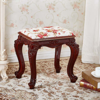 Vintage Carved Leather Velvet Wood Low Stool