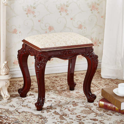 Vintage Carved Leather Velvet Wood Low Stool