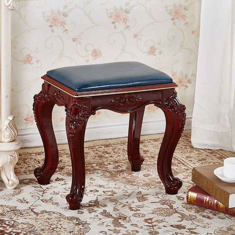 Vintage Carved Leather Velvet Wood Low Stool