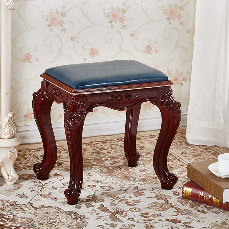 Vintage Carved Leather Velvet Wood Low Stool