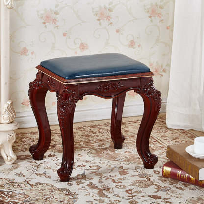 Vintage Carved Leather Velvet Wood Low Stool