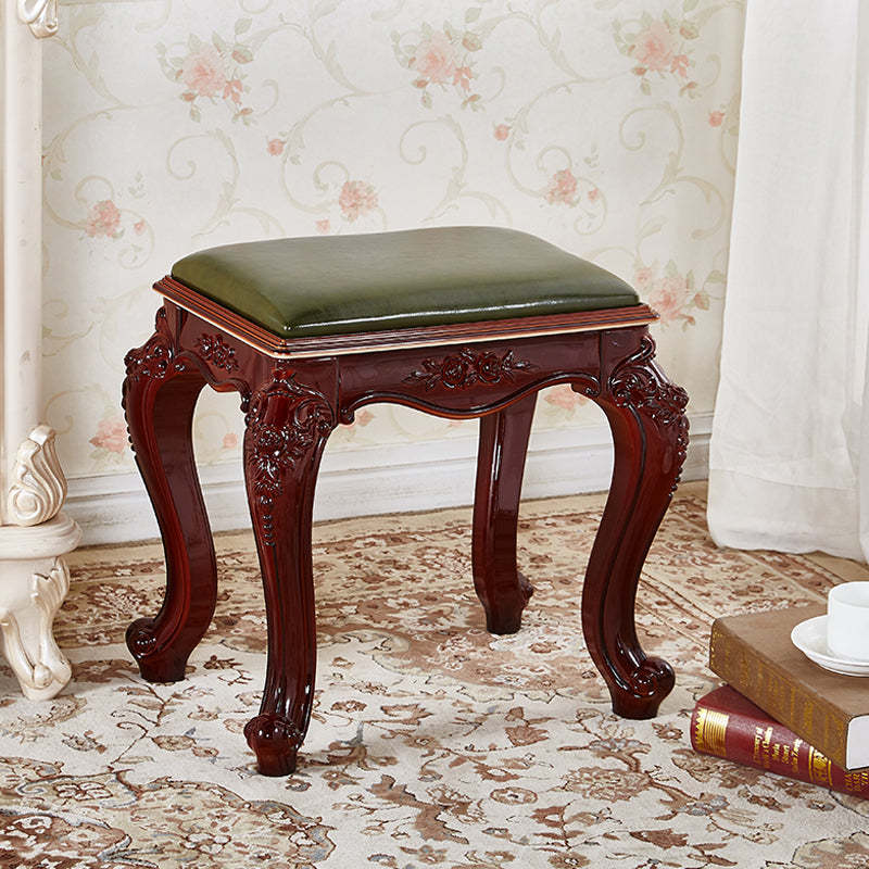 Vintage Carved Leather Velvet Wood Low Stool
