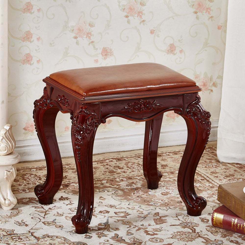 Vintage Carved Leather Velvet Wood Low Stool