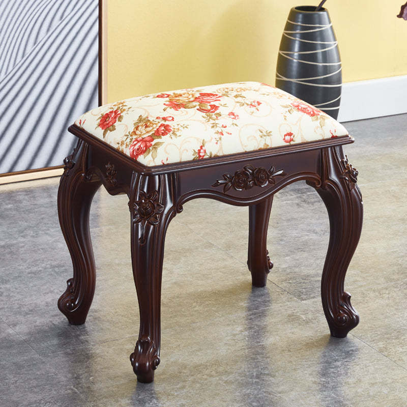 Vintage Carved Leather Velvet Wood Low Stool