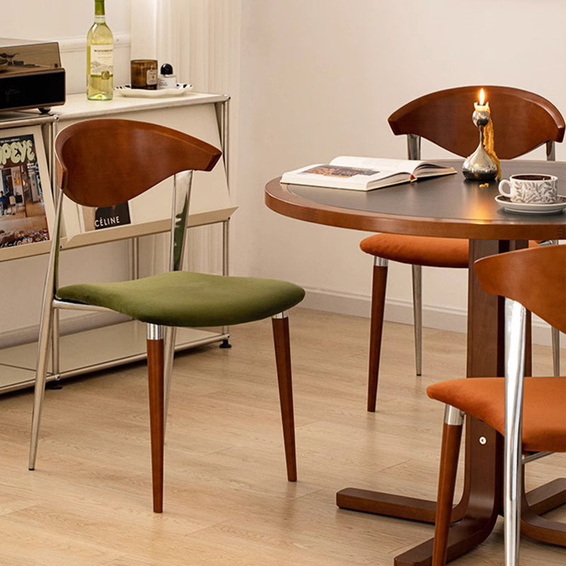 Vintage Cowl Bend Fabric Metal Dining Chair — Wood Color / Green