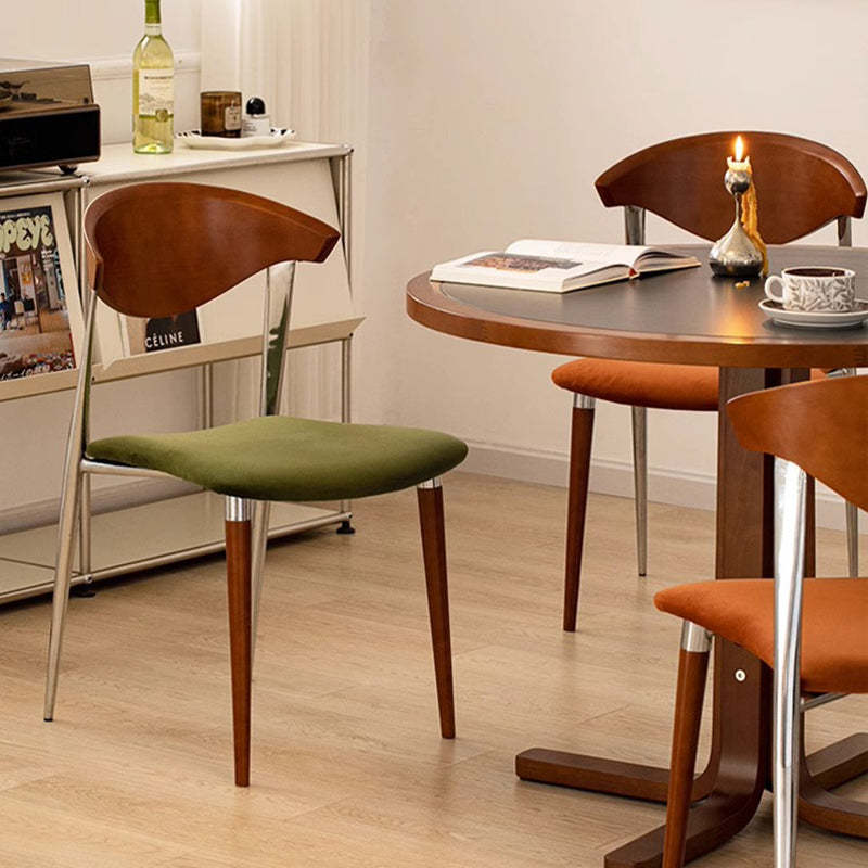Vintage Cowl Bend Fabric Metal Dining Chair — Wood Color / Green