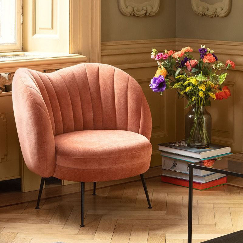 French Curved Lambswool Fabric Metal Accent Chair