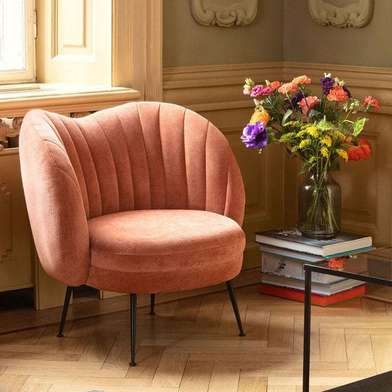 French Curved Lambswool Fabric Metal Accent Chair
