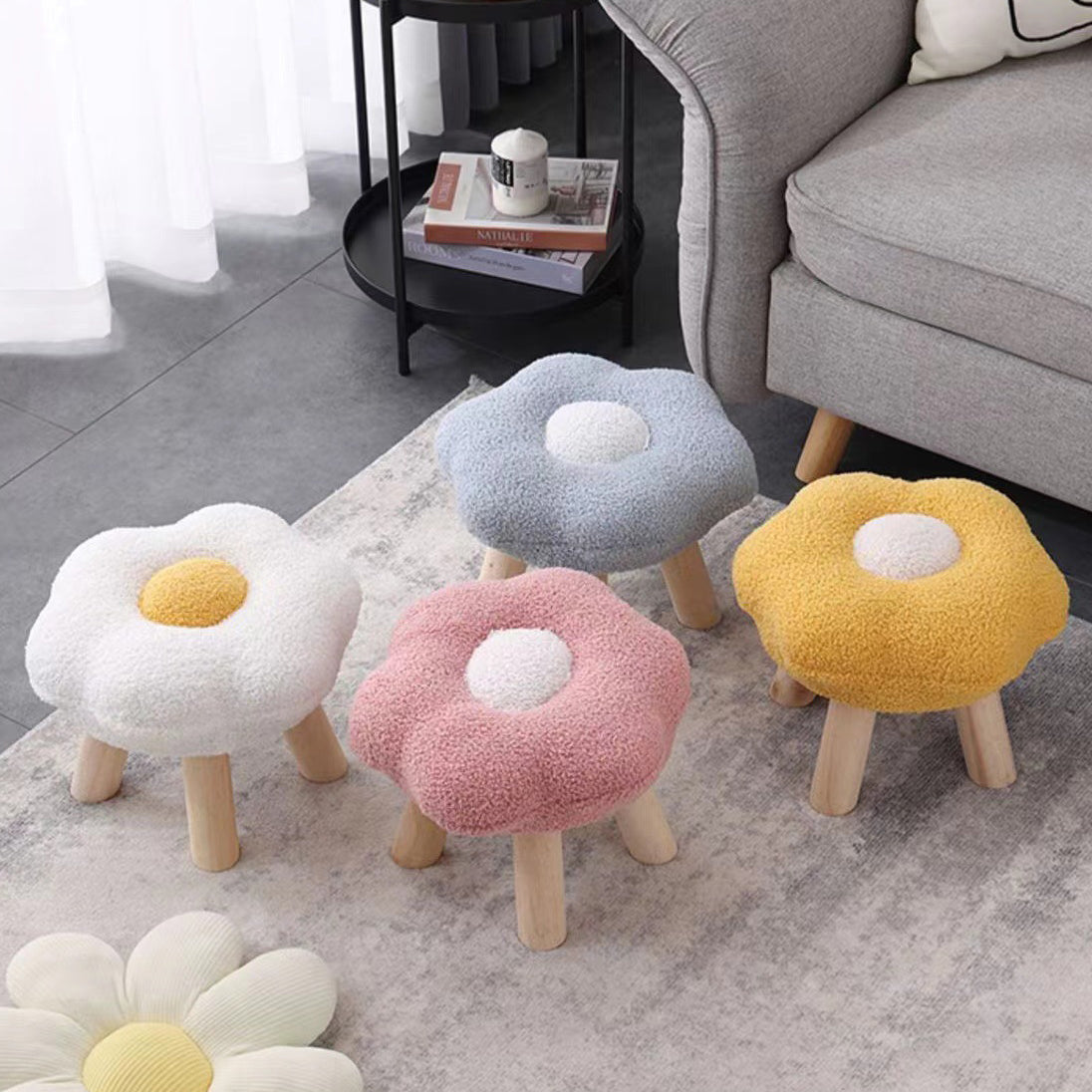 Contemporary Wood Lambswool Cotton Flower Footstool