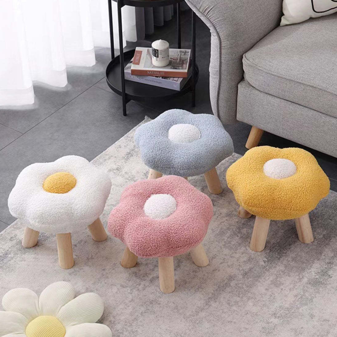 Contemporary Wood Lambswool Cotton Flower Footstool