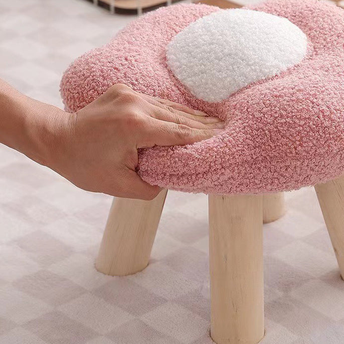 Contemporary Wood Lambswool Cotton Flower Footstool