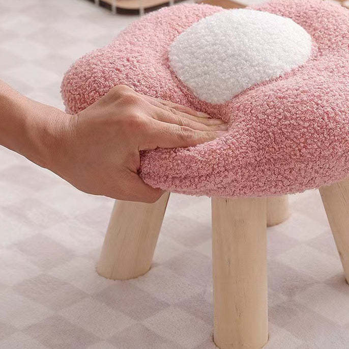 Contemporary Wood Lambswool Cotton Flower Footstool