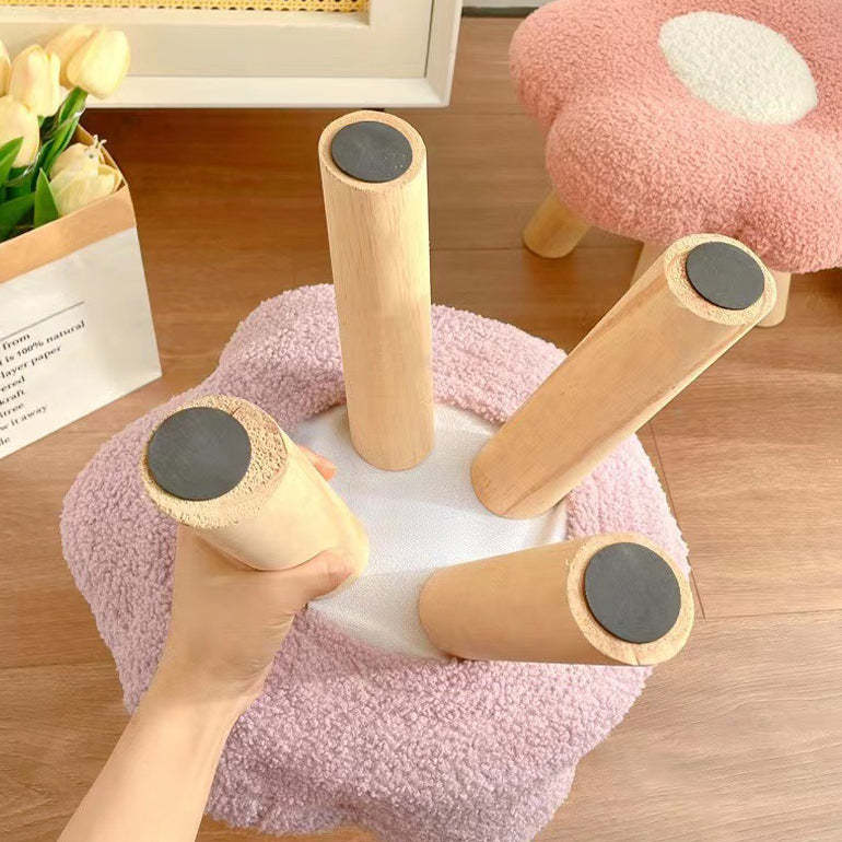 Contemporary Wood Lambswool Cotton Flower Footstool