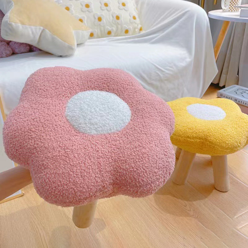 Contemporary Wood Lambswool Cotton Flower Footstool