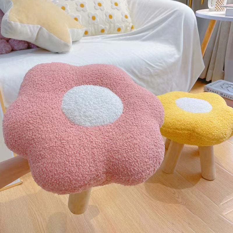 Contemporary Wood Lambswool Cotton Flower Footstool