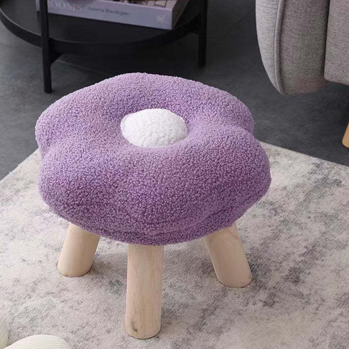 Contemporary Wood Lambswool Cotton Flower Footstool