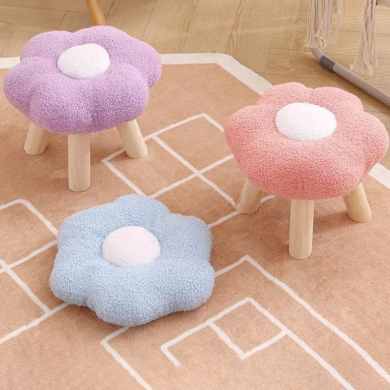 Contemporary Wood Lambswool Cotton Flower Footstool