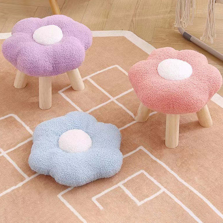 Contemporary Wood Lambswool Cotton Flower Footstool