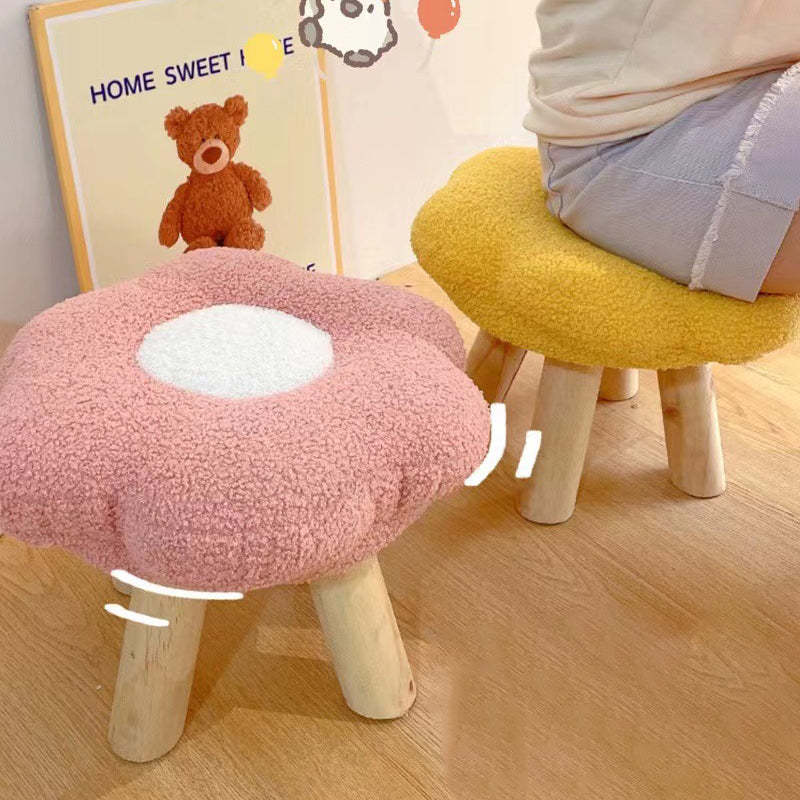 Contemporary Wood Lambswool Cotton Flower Footstool