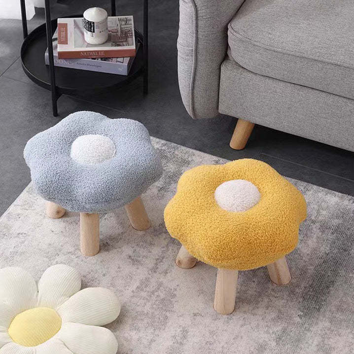 Contemporary Wood Lambswool Cotton Flower Footstool — Blue