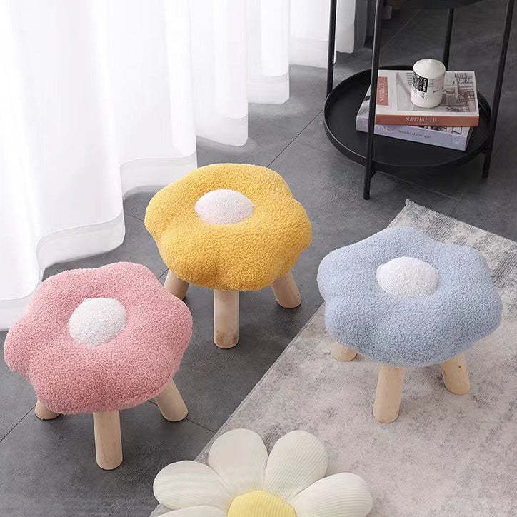 Contemporary Wood Lambswool Cotton Flower Footstool — Pink