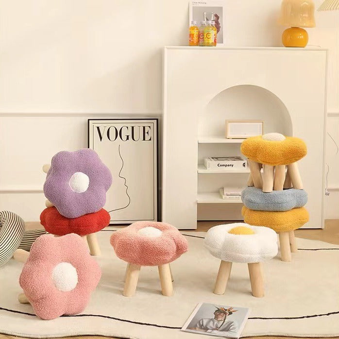 Contemporary Wood Lambswool Cotton Flower Footstool