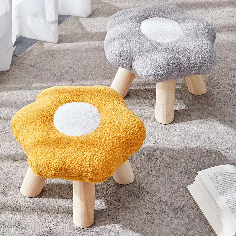 Contemporary Wood Lambswool Cotton Flower Footstool