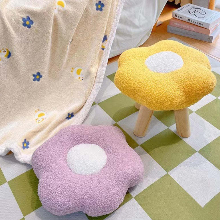Contemporary Wood Lambswool Cotton Flower Footstool