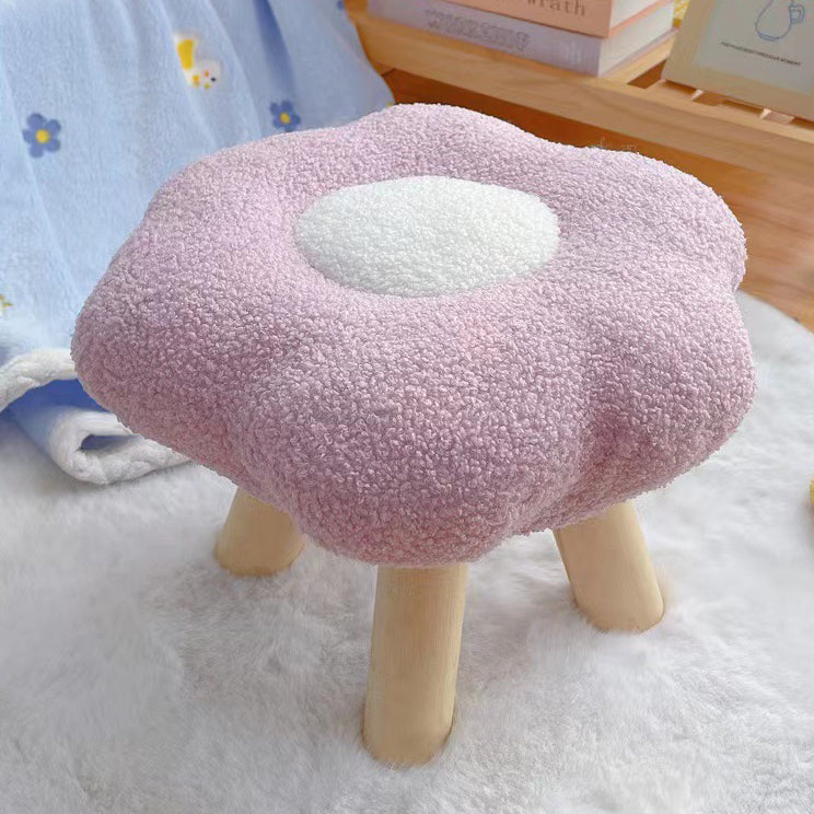 Contemporary Wood Lambswool Cotton Flower Footstool