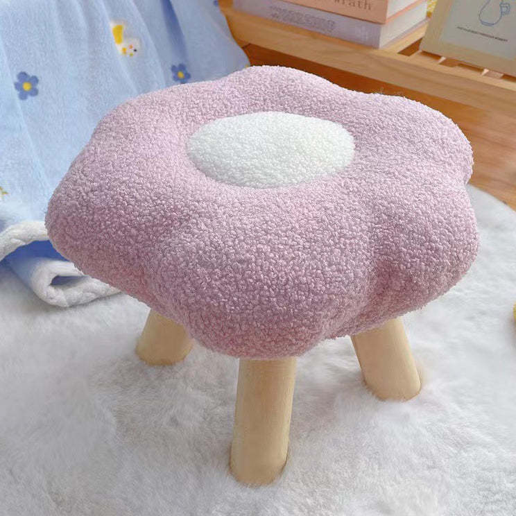 Contemporary Wood Lambswool Cotton Flower Footstool
