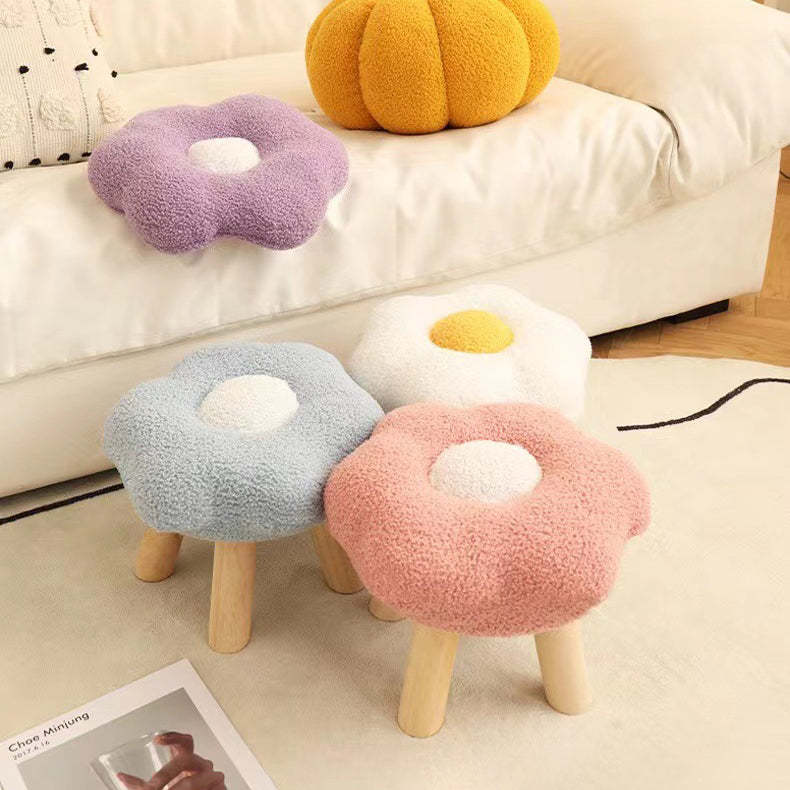 Contemporary Wood Lambswool Cotton Flower Footstool