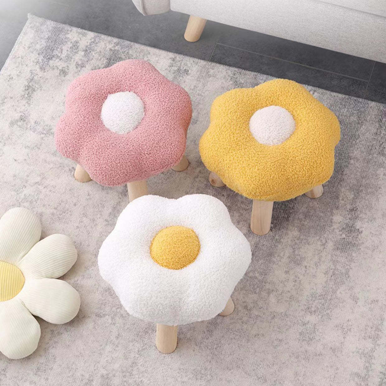 Contemporary Wood Lambswool Cotton Flower Footstool