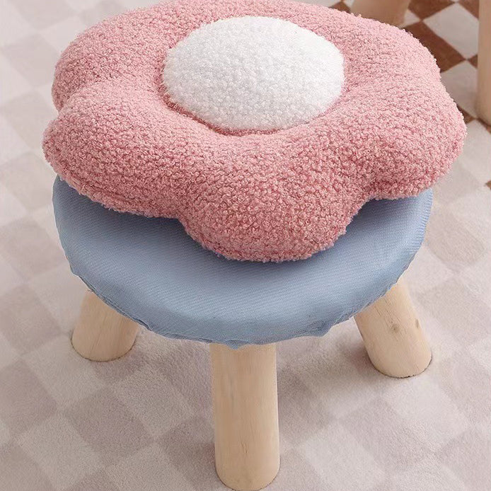 Contemporary Wood Lambswool Cotton Flower Footstool