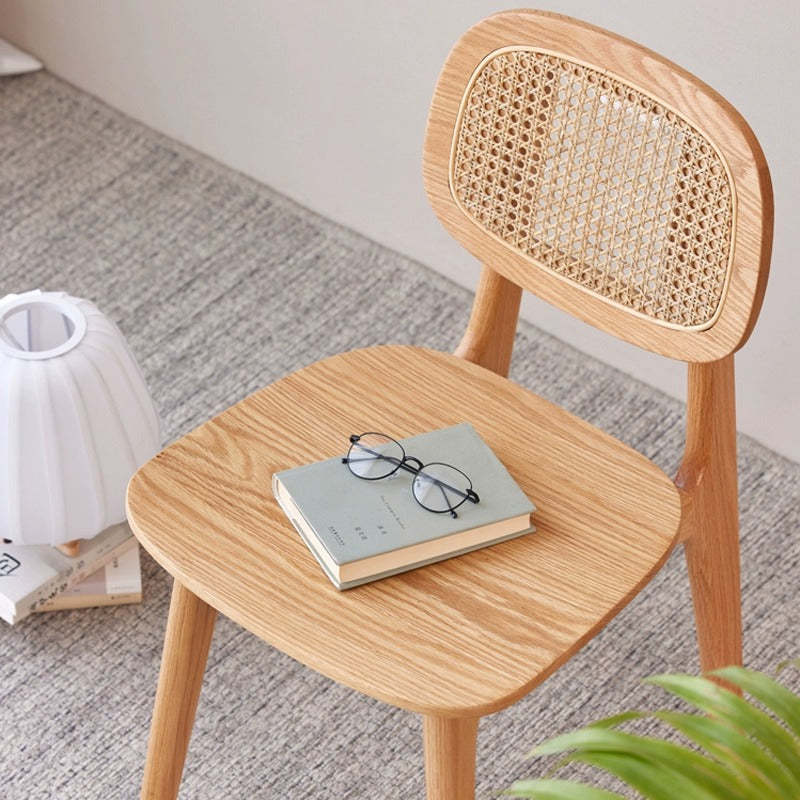 Japanese Woven Rattan Ash Wood Dining Chair — Wood Color / Fabric